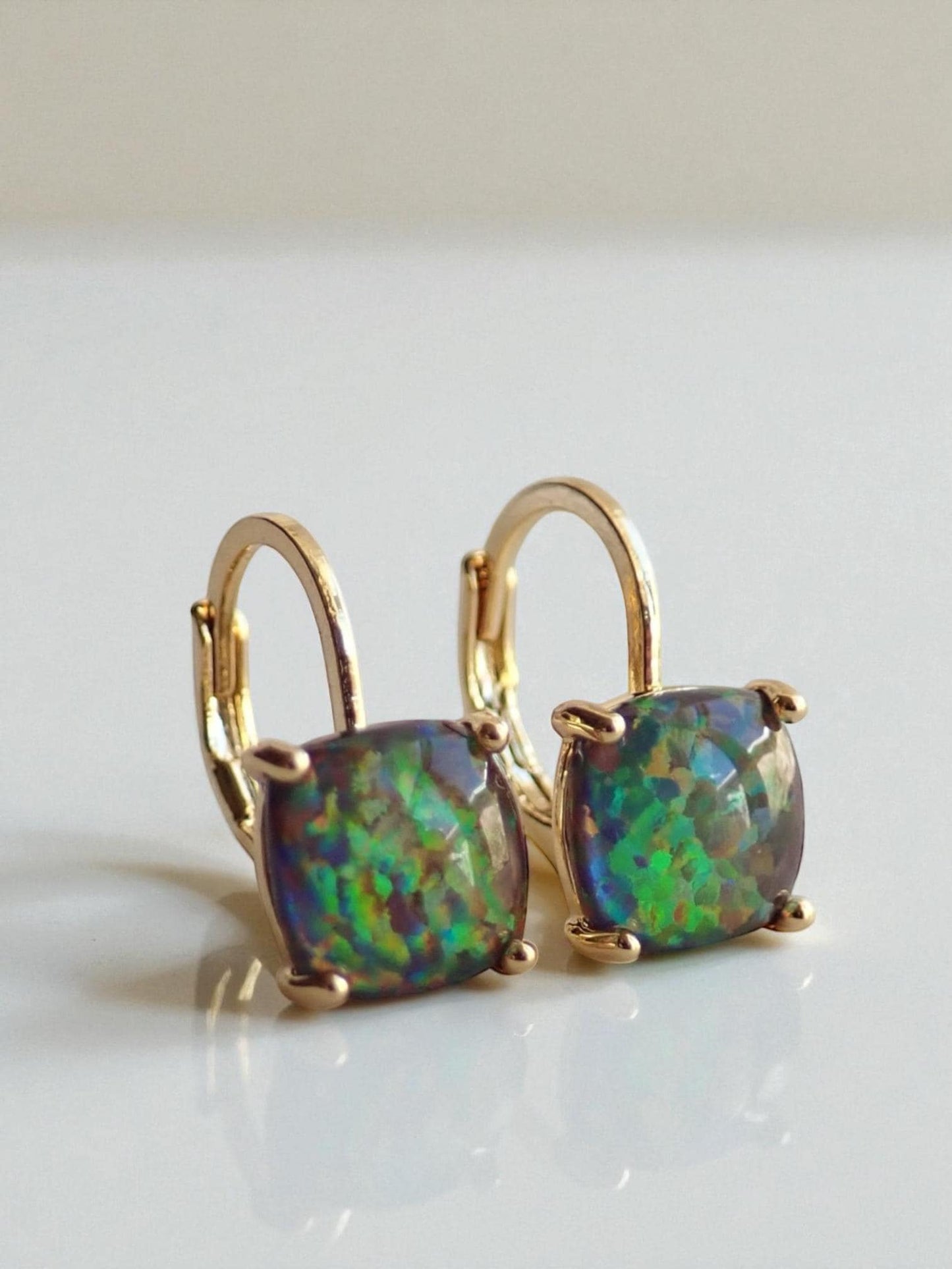 Black Opal Earrings Gold, Dainty Opal Dangle Earrings, October Birthday Gift