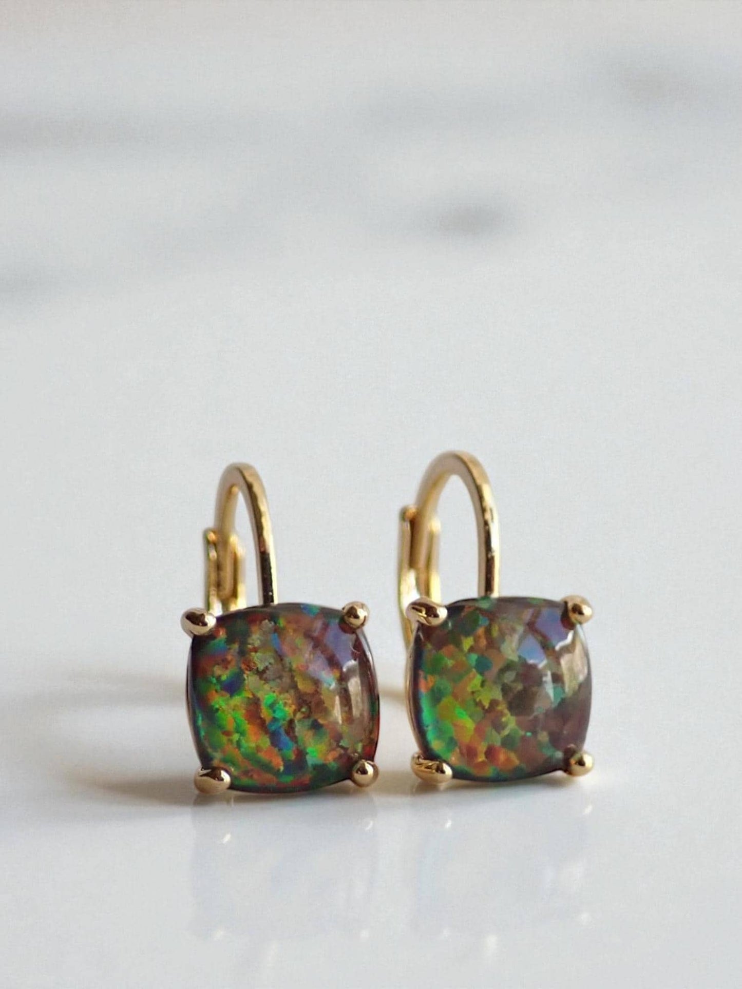 Black Opal Earrings Gold, Dainty Opal Dangle Earrings, October Birthday Gift