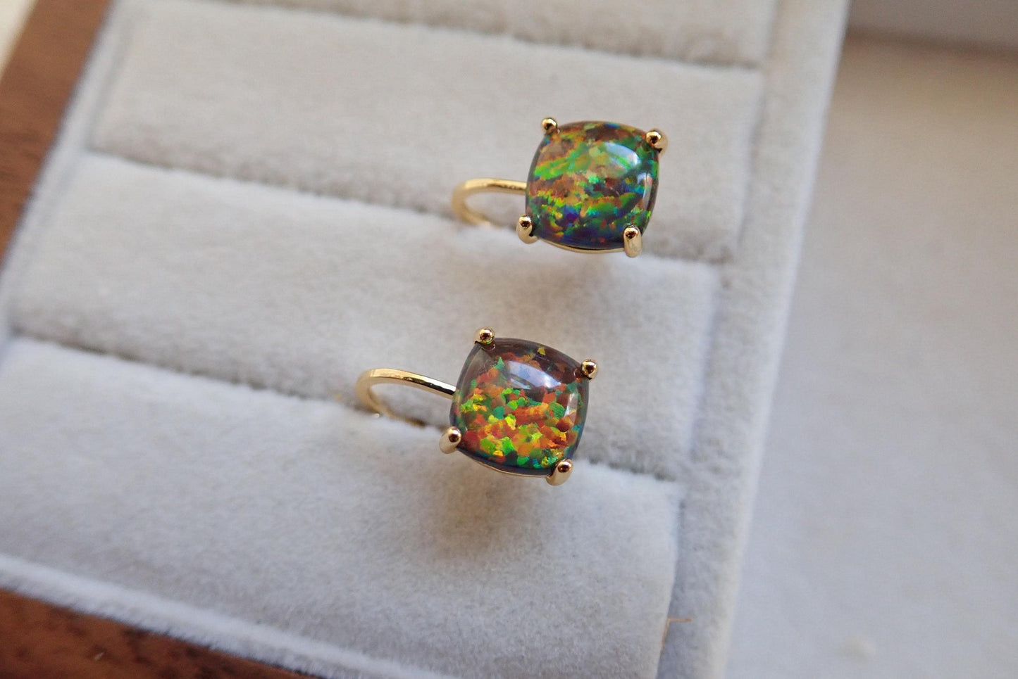 Black Opal Earrings Gold, Dainty Opal Dangle Earrings, October Birthday Gift