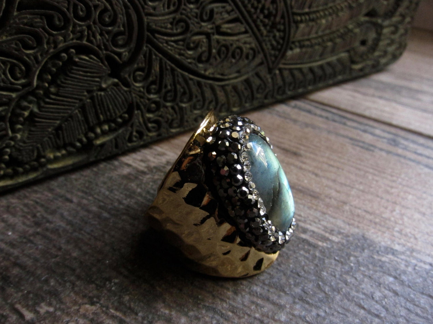 Labradorite Ring - Large Gemstone Ring, Chunky Gold Ring,Cigar Ring