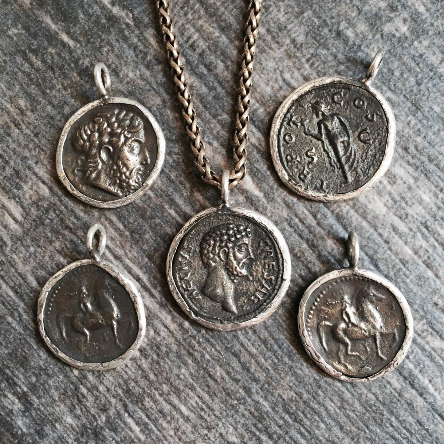 Men’s Silver Pendant Necklace with Greek Coin Replica – Stainless Steel Wheat Chain – Vintage Ancient History Symbol Jewelry