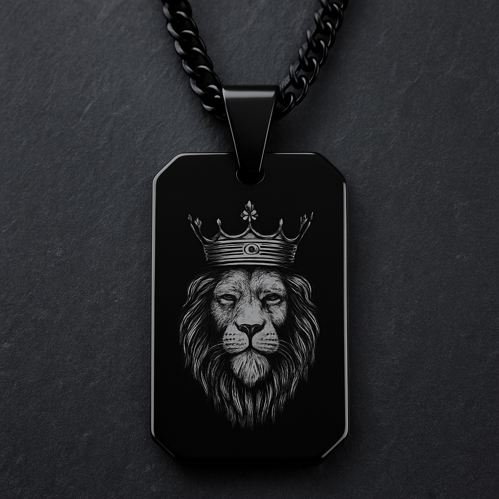 Black Stainless Steel Dog Tag Necklace – Crowned Lion Head Engraving - Lion King Necklace