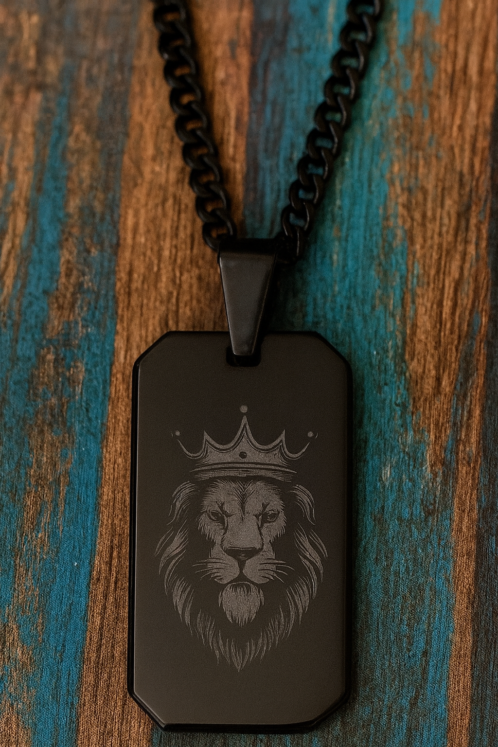 Black Stainless Steel Dog Tag Necklace – Crowned Lion Head Engraving - Lion King Necklace
