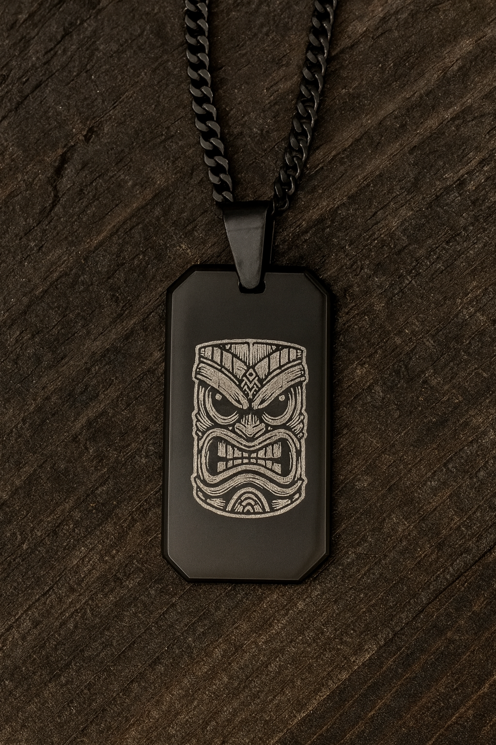 Men's Black Dog Tag Necklace with Tiki Mask Laser Engraving | Surfer & Hawaii-Inspired Black Cuban Chain Pendant