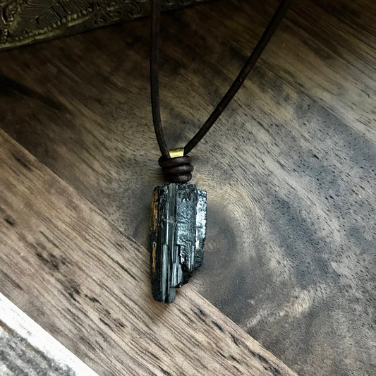 Men’s Black Leather Necklace with Rustic Black Tourmaline Pendant – Natural Raw Stone Jewelry – Grounding Crystal Necklace