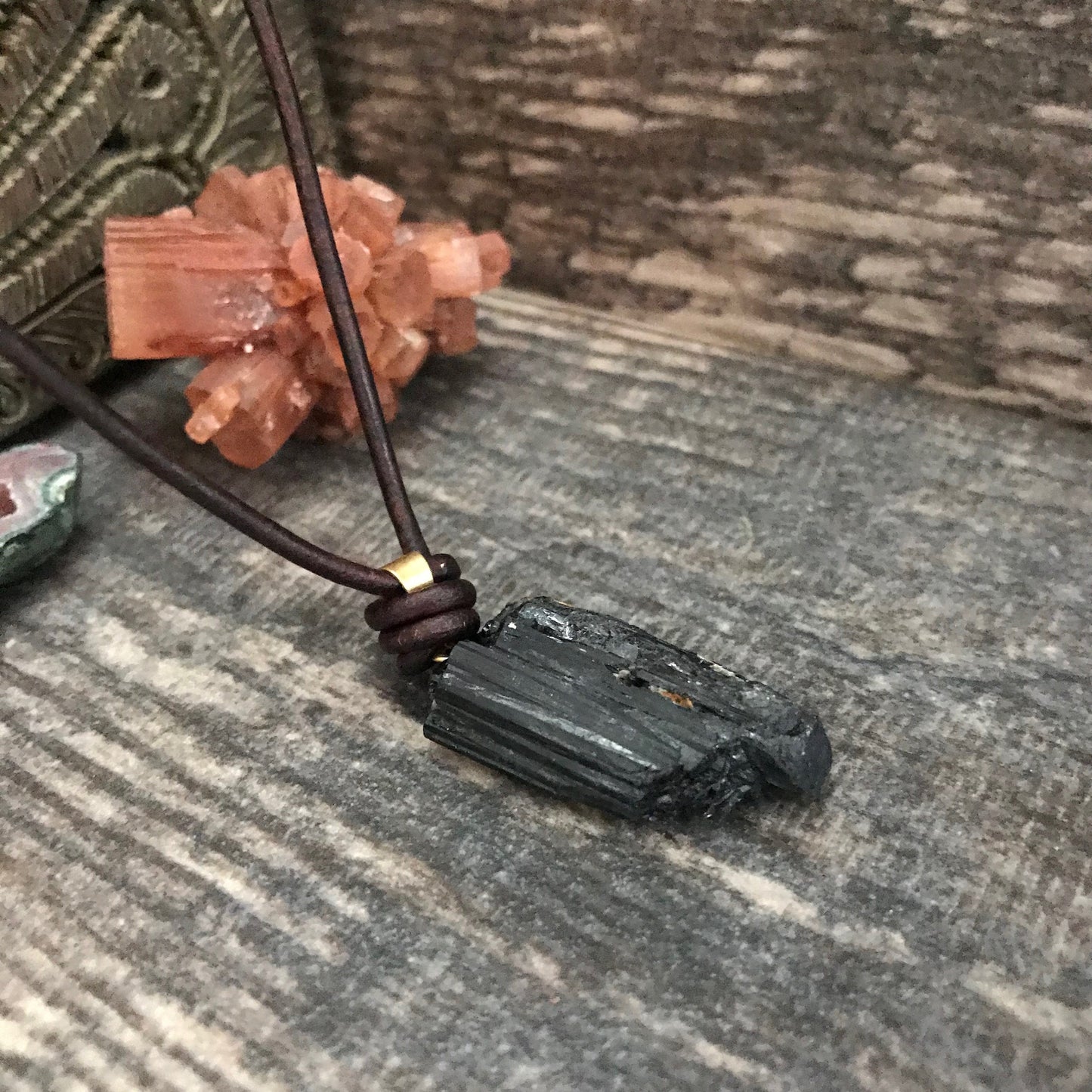 Men’s Black Leather Necklace with Rustic Black Tourmaline Pendant – Natural Raw Stone Jewelry – Grounding Crystal Necklace