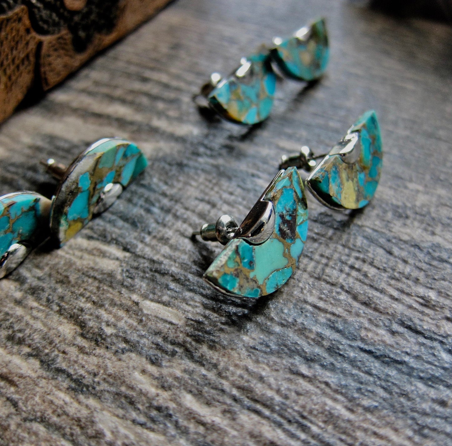 Turquoise Stud Earrings, Turquoise Earrings Silver, Big Stud Earrings, Raw Stone Earrings, Half Moon Earrings, SemiCircle Statement Earrings