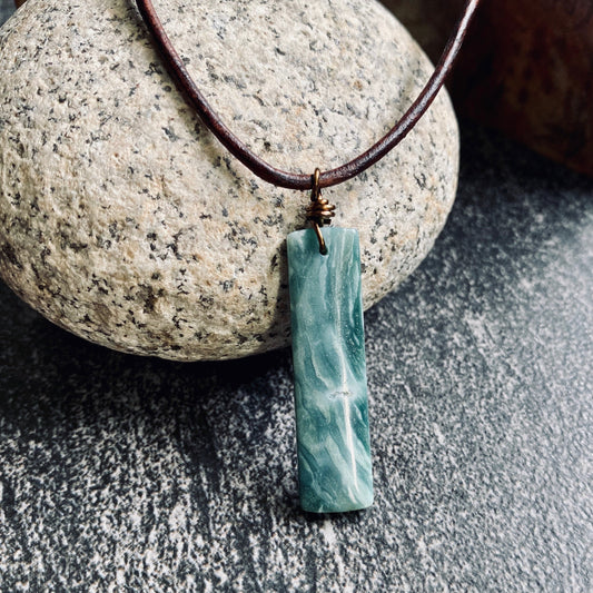 Men’s Leather Cord Necklace with Green Mountain Jade Pendant – Natural BC Jade Stone Jewelry – Calming Good Luck Gemstone Necklace