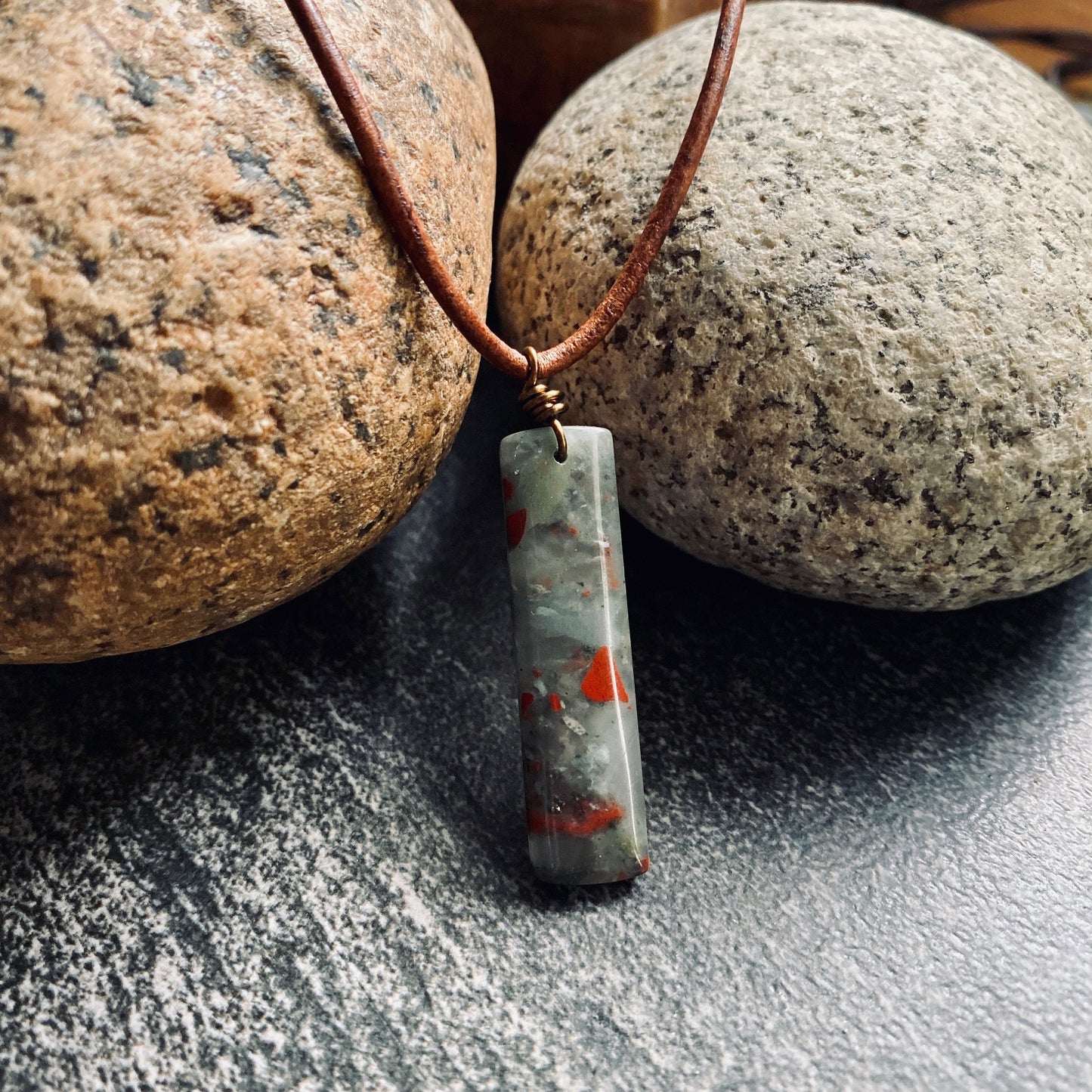 Roca Sangre Necklace -Men’s Leather Cord Necklace with Bloodstone Pendant – Natural Healing Crystal – Strength and Protection Stone Jewelry