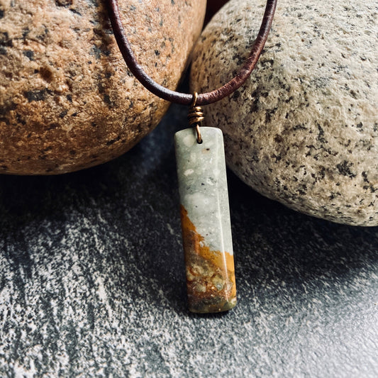 Men’s Dark Brown Leather Cord Necklace with Owyhee Picture Jasper Pendant – Natural Stone Jewelry – Earthy Boho Style Necklace