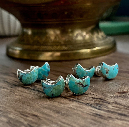 Crescent Moon Turquoise Stud Earrings- December Birthstone Gift for Her