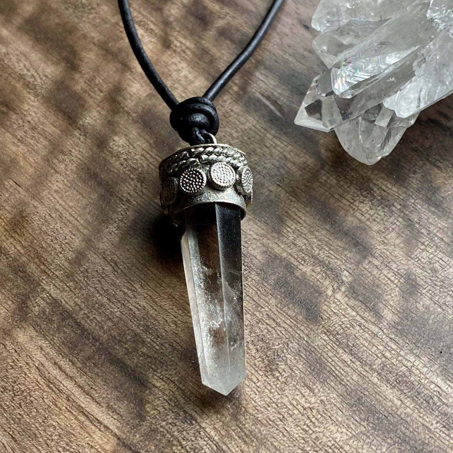 Men’s Leather Cord Necklace with Himalayan Quartz Pendant – Silver Capped Crystal – Natural Healing Stone Jewelry