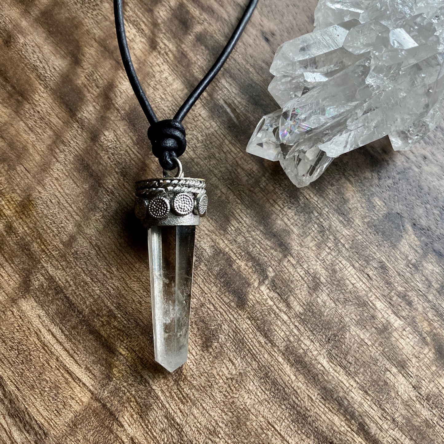 Men’s Leather Cord Necklace with Himalayan Quartz Pendant – Silver Capped Crystal – Natural Healing Stone Jewelry