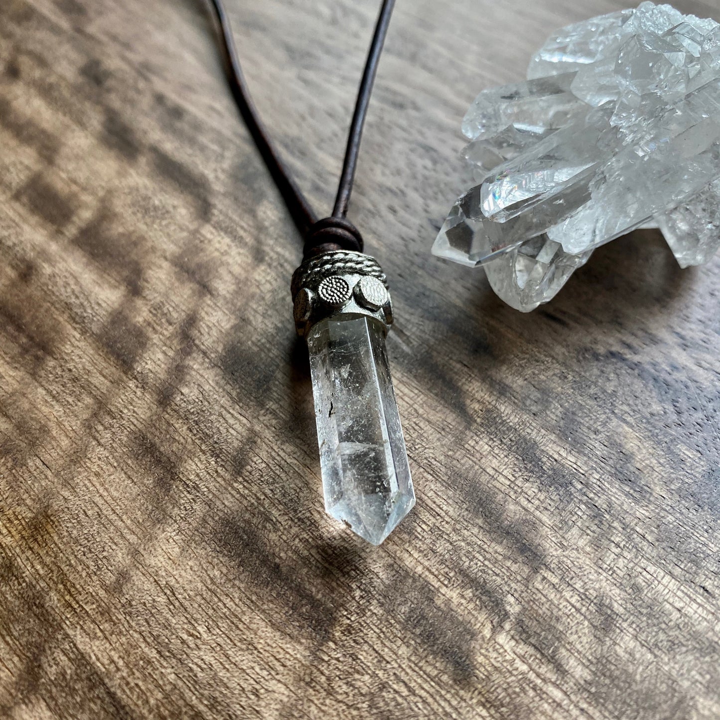 Men’s Leather Cord Necklace with Himalayan Quartz Pendant – Silver Capped Crystal – Natural Healing Stone Jewelry