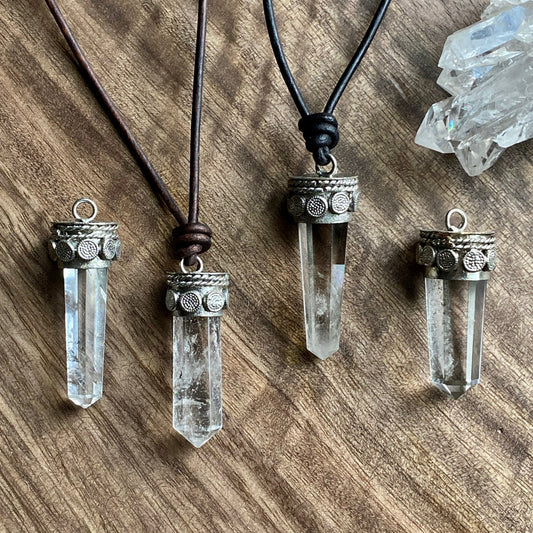 Men’s Leather Cord Necklace with Himalayan Quartz Pendant – Silver Capped Crystal – Natural Healing Stone Jewelry