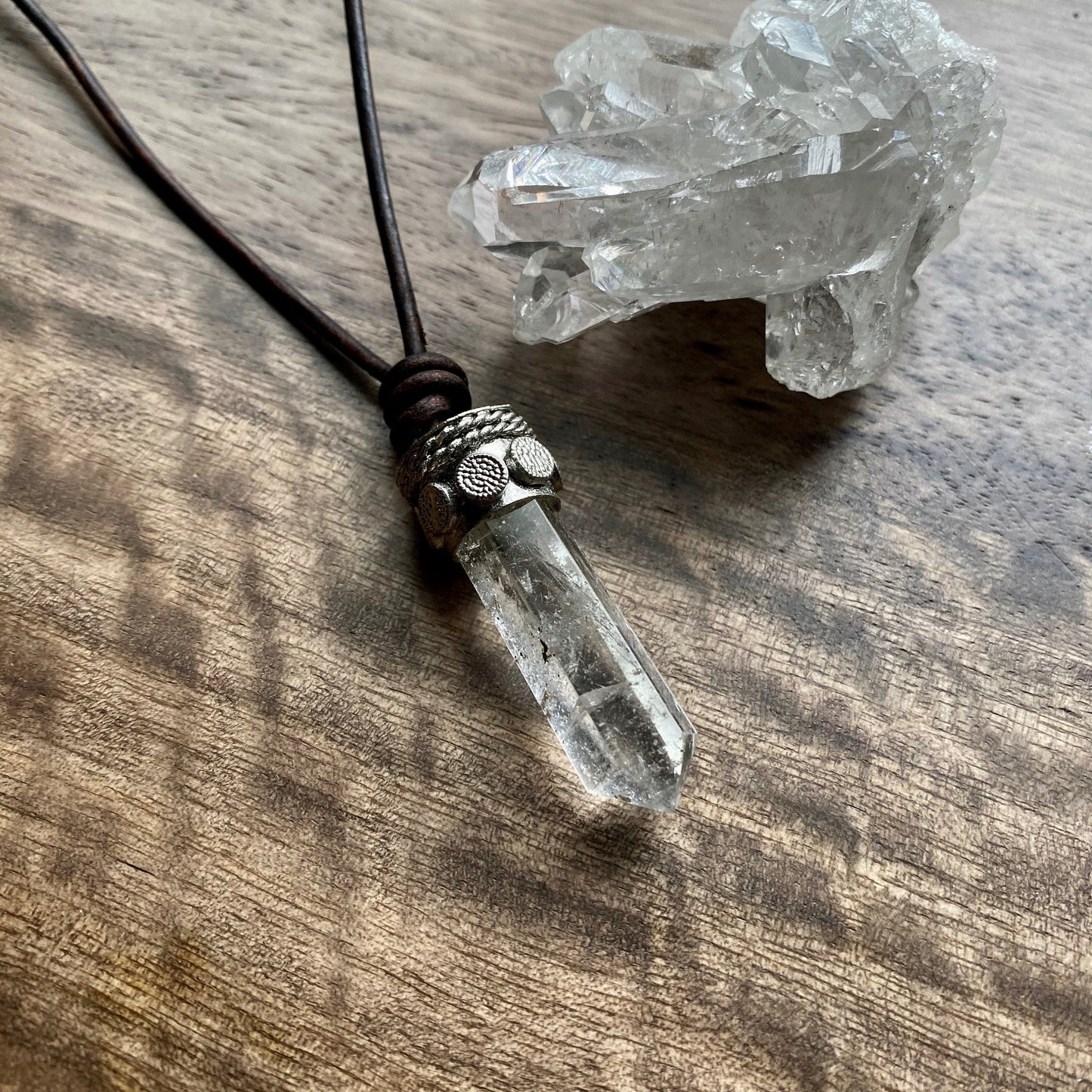 Men’s Leather Cord Necklace with Himalayan Quartz Pendant – Silver Capped Crystal – Natural Healing Stone Jewelry