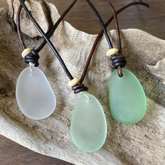 Men’s Leather Cord Necklace with Sea Glass Pendant – Boho BeachyJewelry – Handmade Natural Coastal Charm Necklace