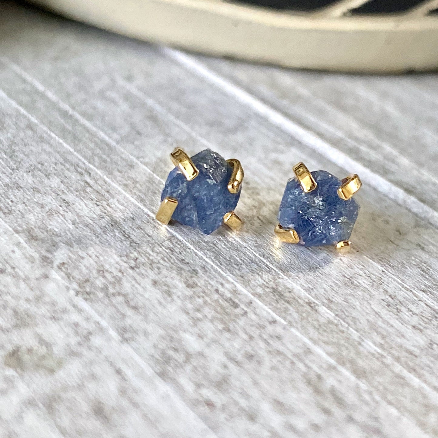 Raw Sapphire Earrings, Tiny Sapphire Studs, Birthstone Earrings,Raw Crystal Studs,September Birthstone,Dainty Stone Studs, Handmade Gift