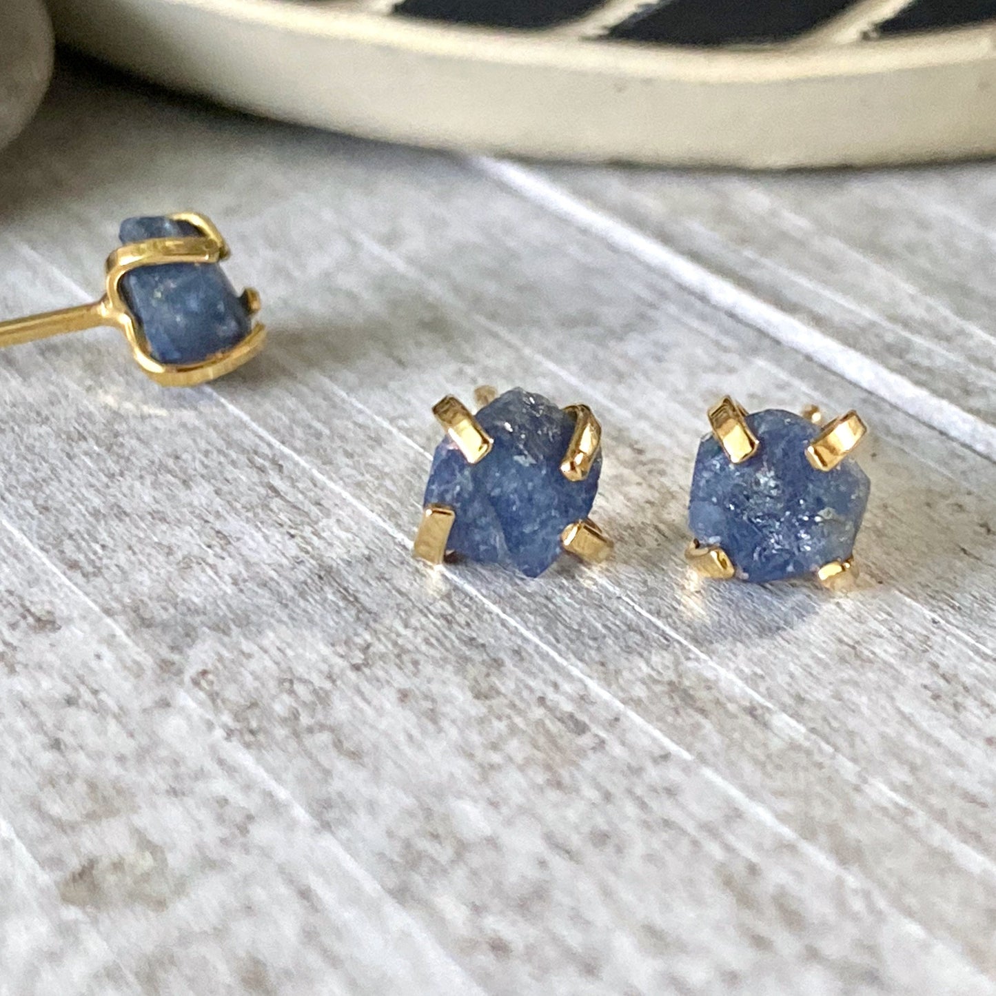 Raw Sapphire Earrings, Tiny Sapphire Studs, Birthstone Earrings,Raw Crystal Studs,September Birthstone,Dainty Stone Studs, Handmade Gift
