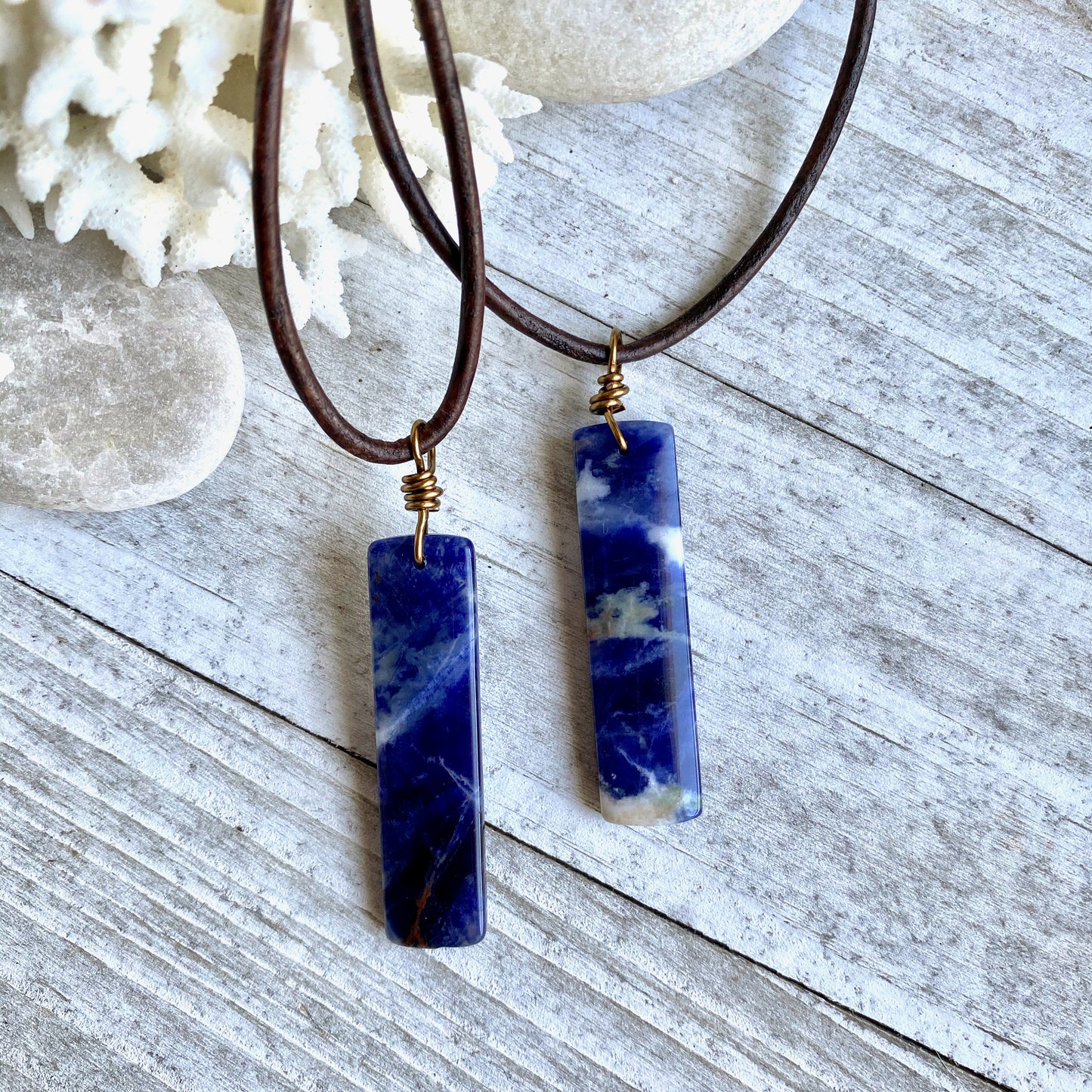 Seychelles Men’s Leather Cord Necklace with Sodalite Pendant – Natural Stone Jewelry – Handmade Blue Gemstone Necklace