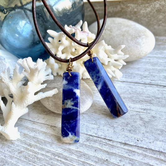 Seychelles Men’s Leather Cord Necklace with Sodalite Pendant – Natural Stone Jewelry – Handmade Blue Gemstone Necklace