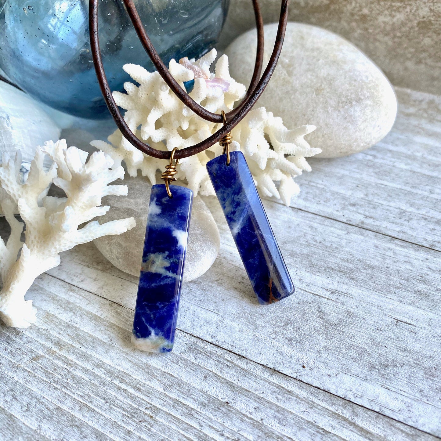 Seychelles Men’s Leather Cord Necklace with Sodalite Pendant – Natural Stone Jewelry – Handmade Blue Gemstone Necklace