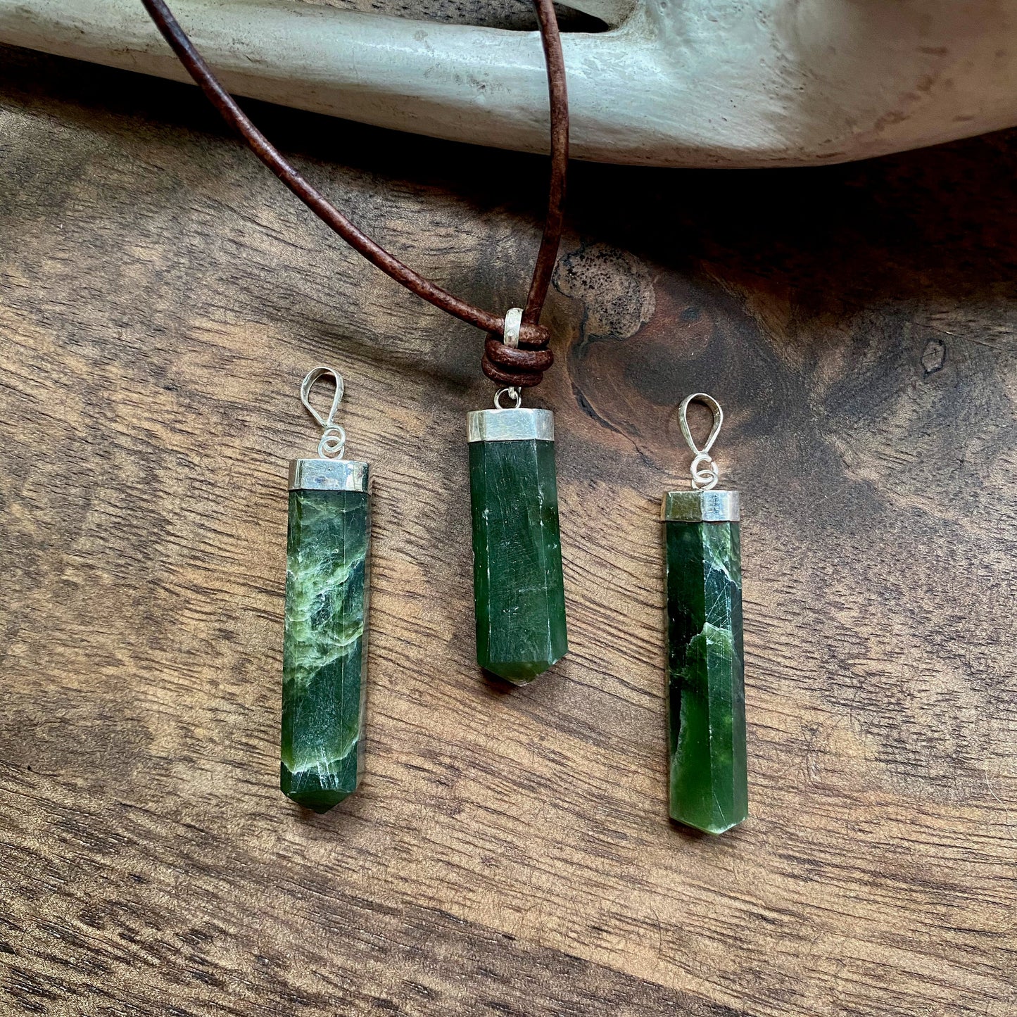 Men’s Leather Cord Necklace with Deep Green Jade Pendant – Sterling Silver Capped Natural Stone Jewelry – Calming Good Luck Gemstone Necklace