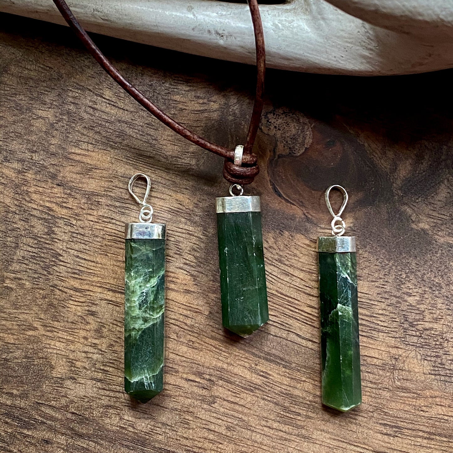 Men’s Leather Cord Necklace with Deep Green Jade Pendant – Sterling Silver Capped Natural Stone Jewelry – Calming Good Luck Gemstone Necklace