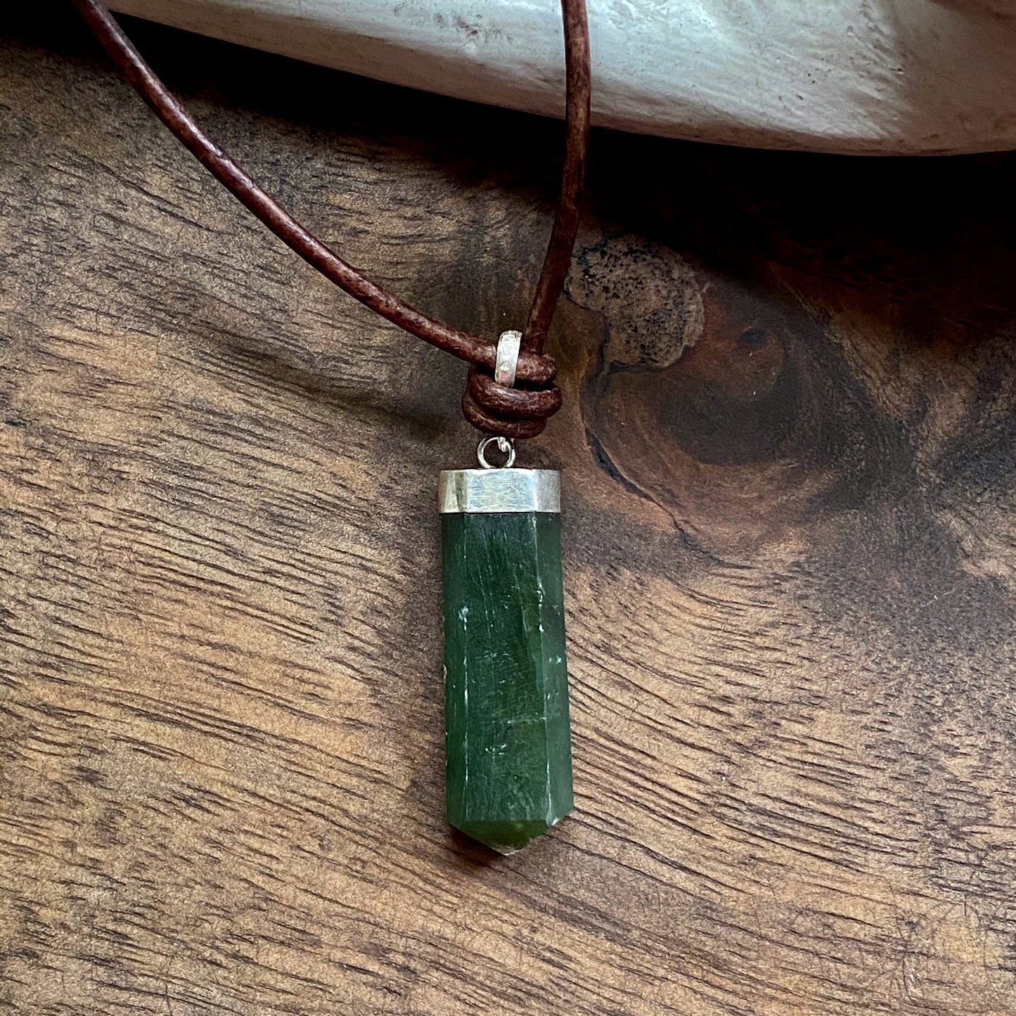 Men’s Leather Cord Necklace with Deep Green Jade Pendant – Sterling Silver Capped Natural Stone Jewelry – Calming Good Luck Gemstone Necklace