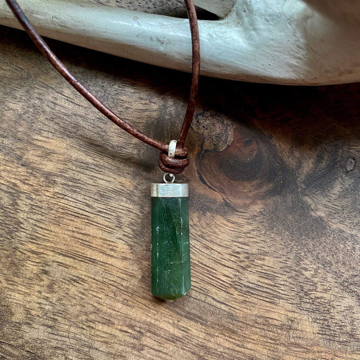 Men’s Leather Cord Necklace with Deep Green Jade Pendant – Sterling Silver Capped Natural Stone Jewelry – Calming Good Luck Gemstone Necklace