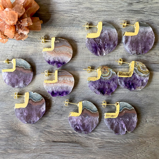 Raw Amethyst Slice Hoops