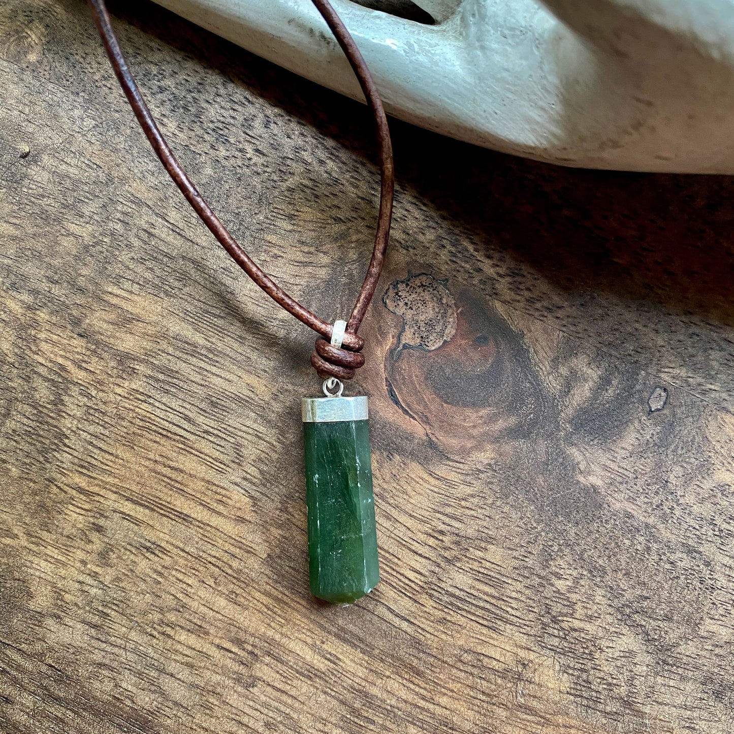 Men’s Leather Cord Necklace with Deep Green Jade Pendant – Sterling Silver Capped Natural Stone Jewelry – Calming Good Luck Gemstone Necklace