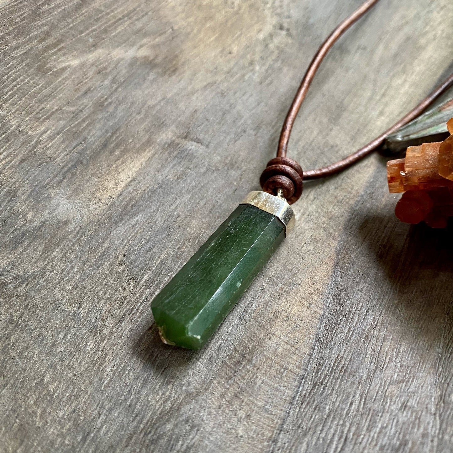 Men’s Leather Cord Necklace with Deep Green Jade Pendant – Sterling Silver Capped Natural Stone Jewelry – Calming Good Luck Gemstone Necklace