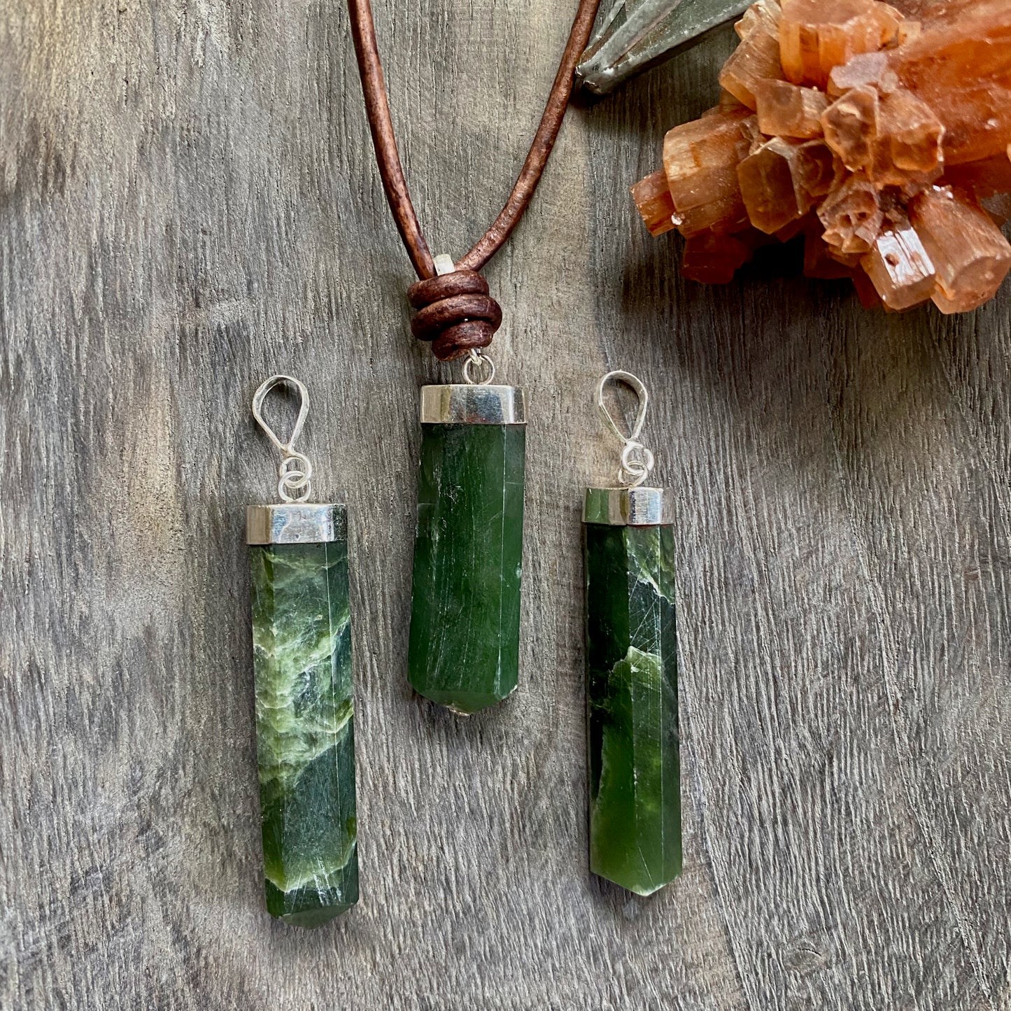 Men’s Leather Cord Necklace with Deep Green Jade Pendant – Sterling Silver Capped Natural Stone Jewelry – Calming Good Luck Gemstone Necklace