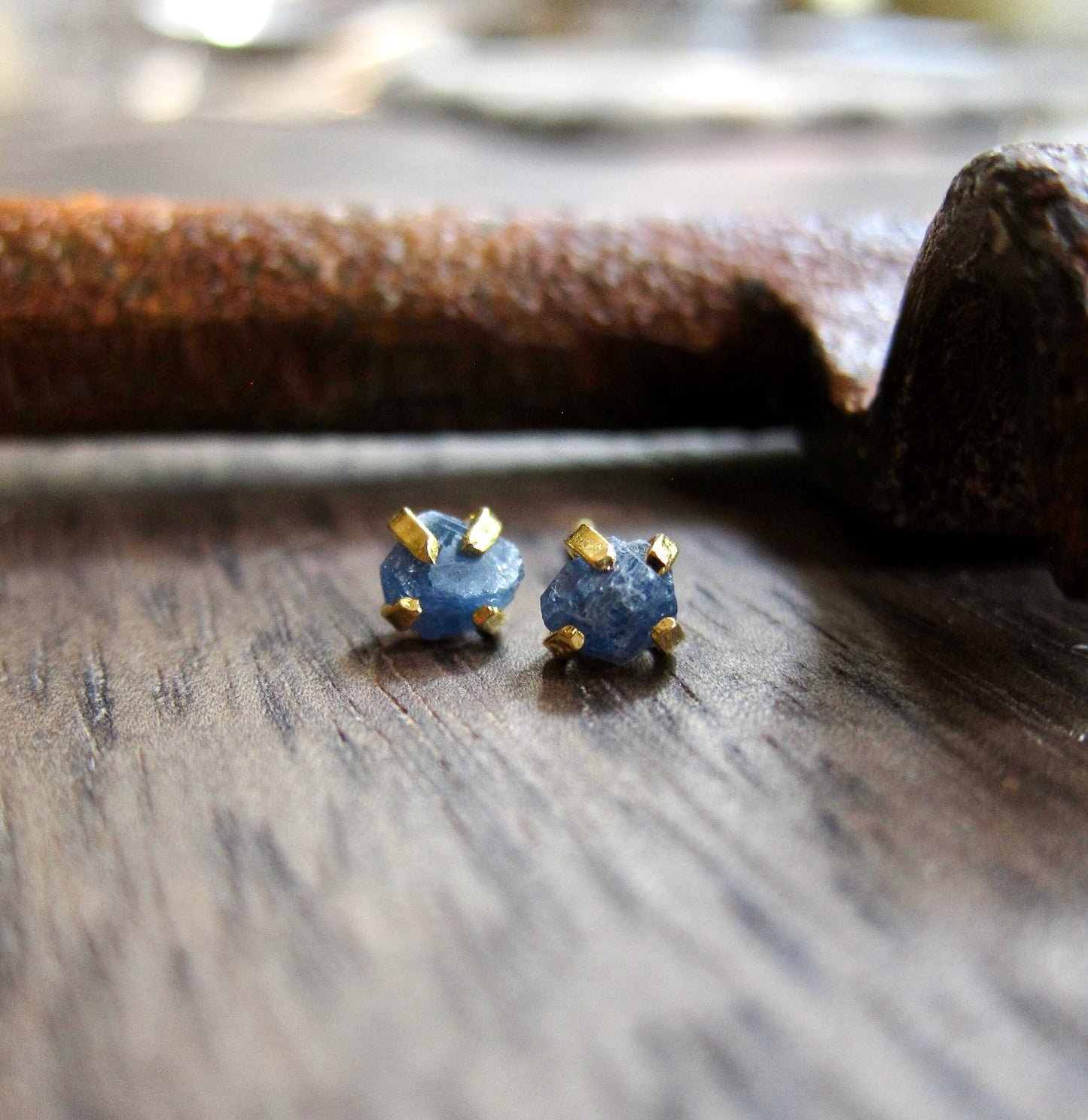 Raw Sapphire Earrings, Tiny Sapphire Studs, Birthstone Earrings,Raw Crystal Studs,September Birthstone,Dainty Stone Studs, Handmade Gift