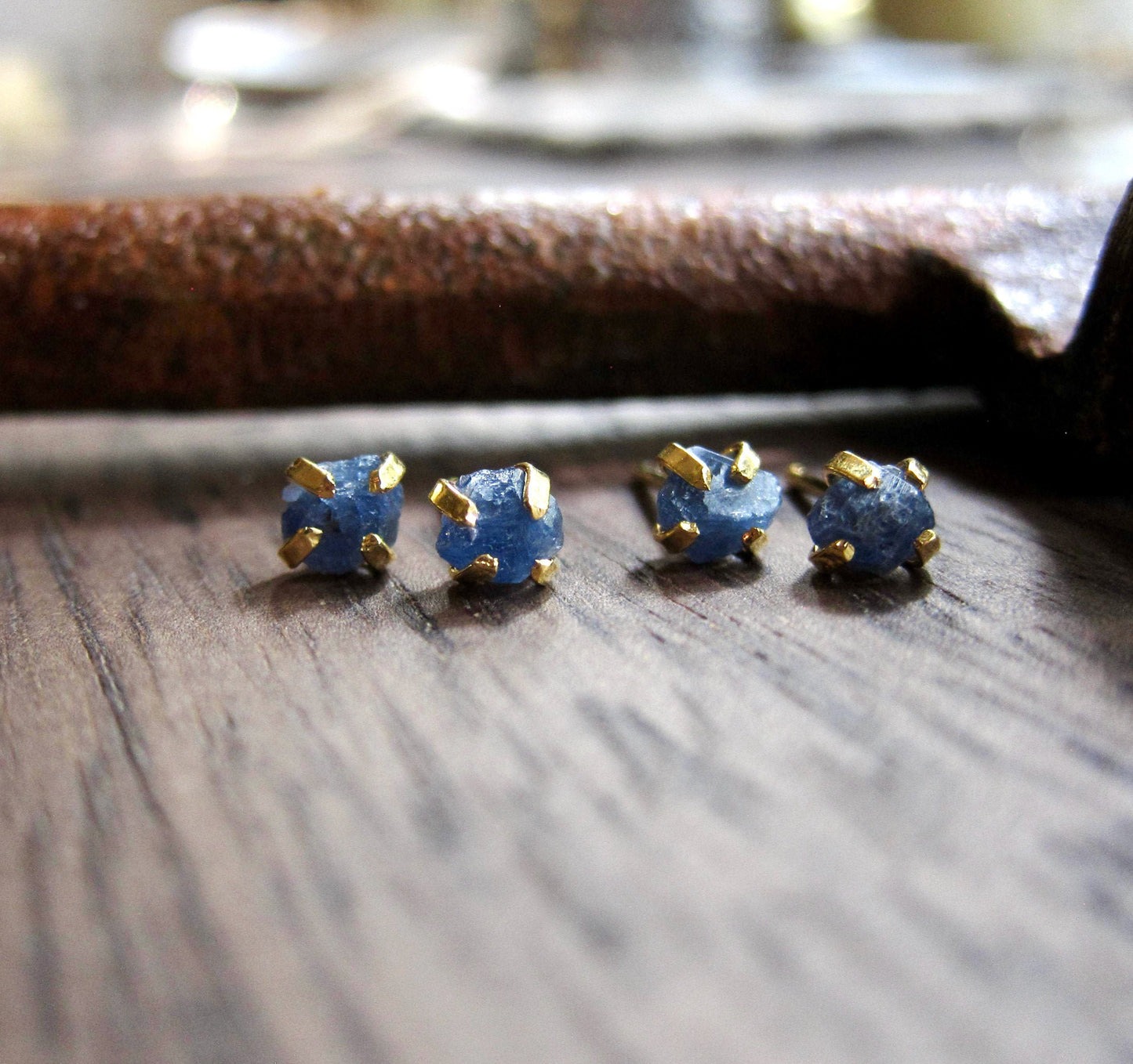 Raw Sapphire Earrings, Tiny Sapphire Studs, Birthstone Earrings,Raw Crystal Studs,September Birthstone,Dainty Stone Studs, Handmade Gift