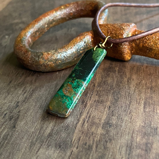 Men’s Leather Cord Necklace with Rectangular Chrysocolla and Malachite Pendant – Natural Green Brown Stone Jewelry