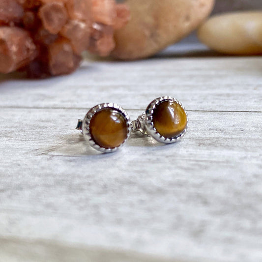 Small Stone Studs,Tigers Eye Earrings,Gift for Her,Silver Stone Earrings,Round Stone Earrings,Gemstone Studs,Dainty Sterling Silver Earrings
