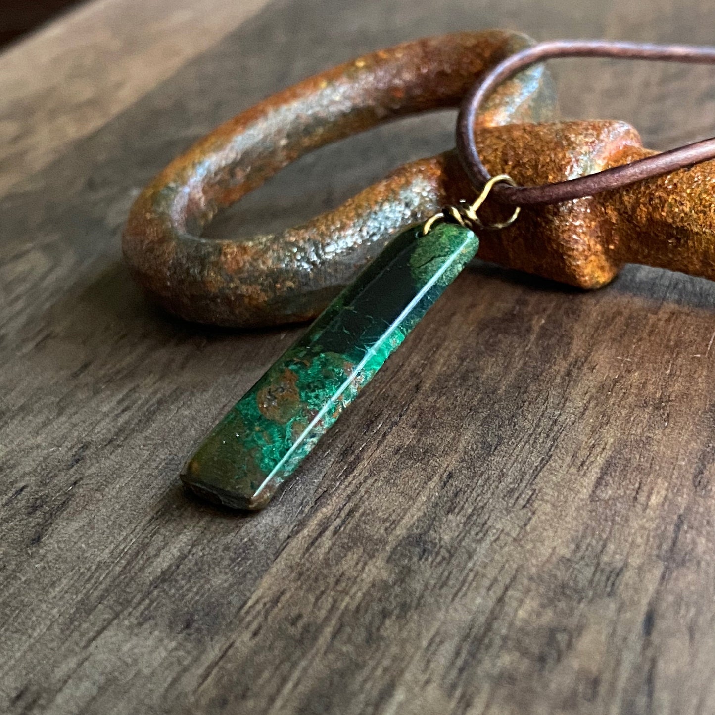 Men’s Leather Cord Necklace with Rectangular Chrysocolla and Malachite Pendant – Natural Green Brown Stone Jewelry