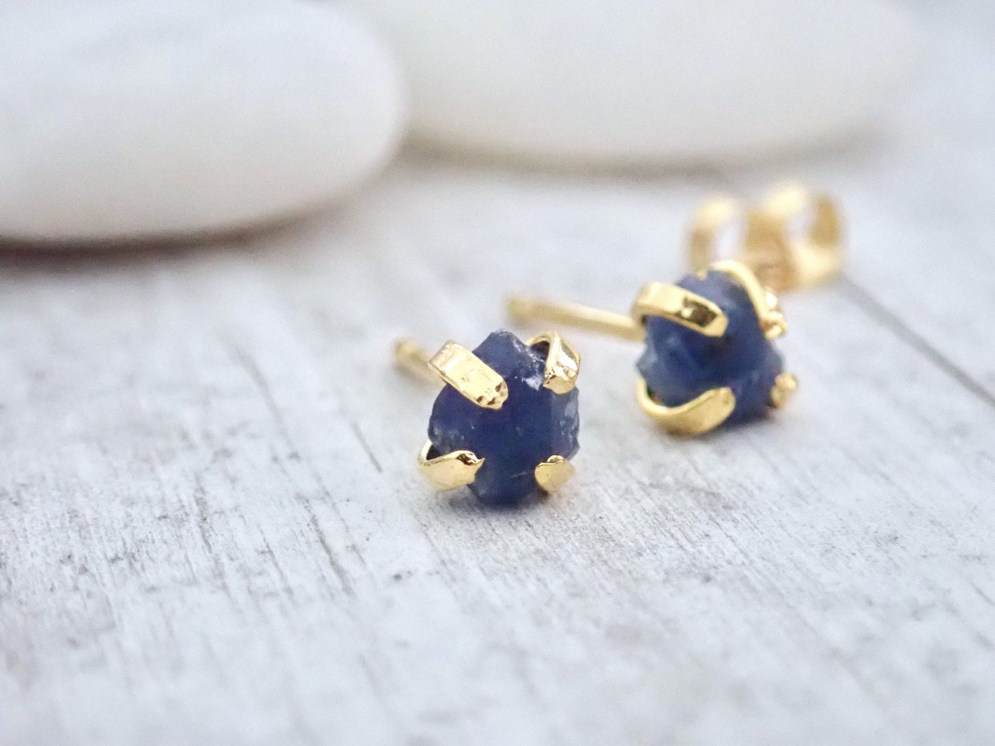 Raw Sapphire Earrings, Tiny Sapphire Studs, Birthstone Earrings,Raw Crystal Studs,September Birthstone,Dainty Stone Studs, Handmade Gift
