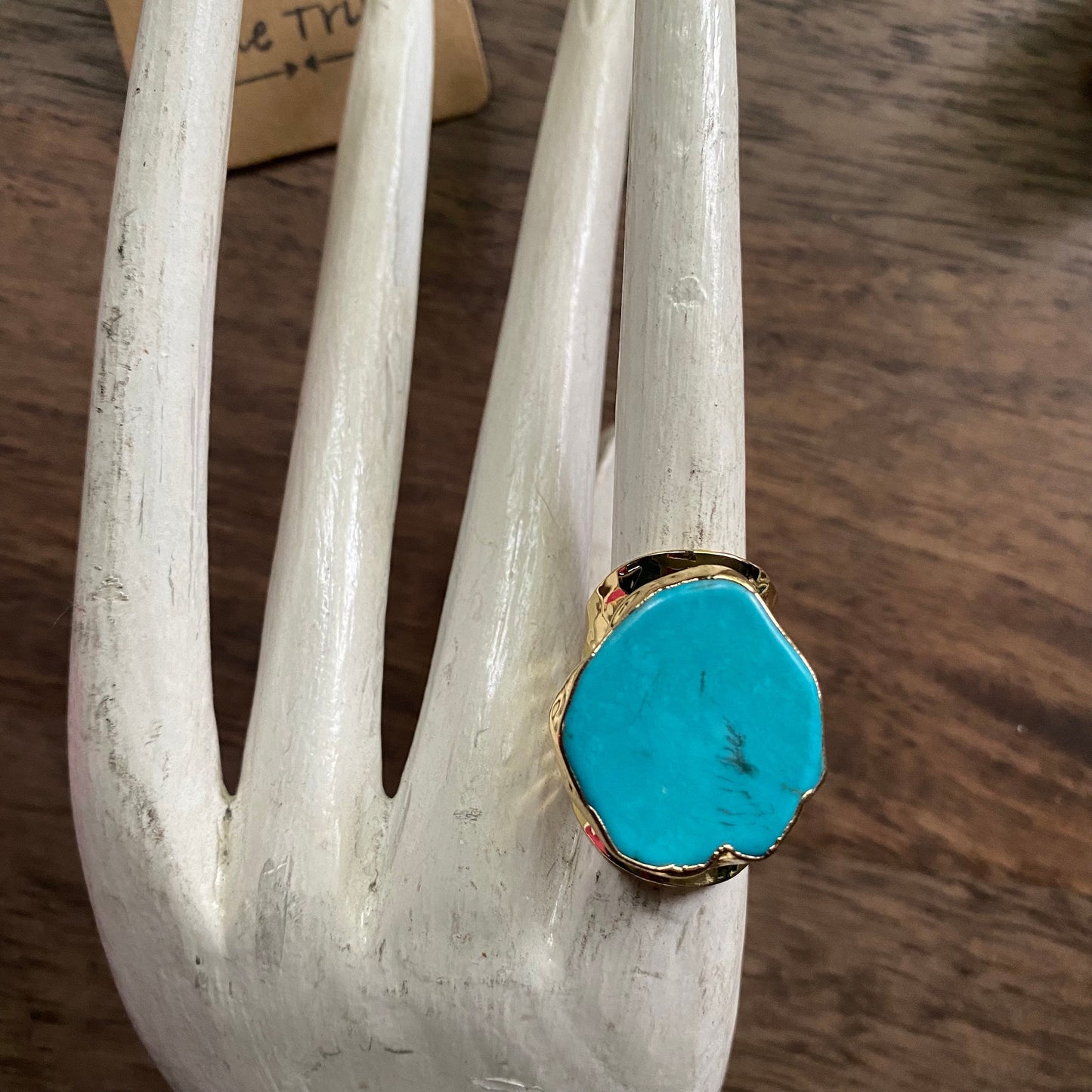 Large Turquoise Statement Ring | Adjustable Gold Band