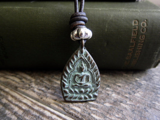Men’s Leather Cord Necklace with Bronze Seated Buddha Pendant – Spiritual Mindfulness Jewelry – Zen Buddhist Amulet Necklace