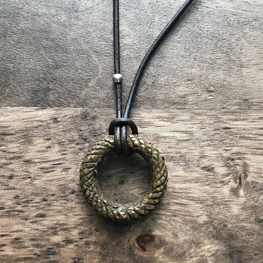 Men’s Leather Cord Necklace with Vintage African Brass Ring – Handmade Yoruba Tribal Jewelry – Unique Cultural Pendant Necklace