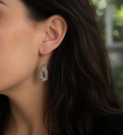 Natural Geode Slice Dangle Earrings – Swirled Druzy Centers Edged in 14k Gold, Statement Crystal Jewelry