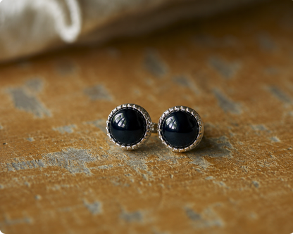 Small Black Gemstone Stud Earrings, Sterling Silver Onyx Studs, Round Gemstone Studs, Minimalist Everyday Earrings