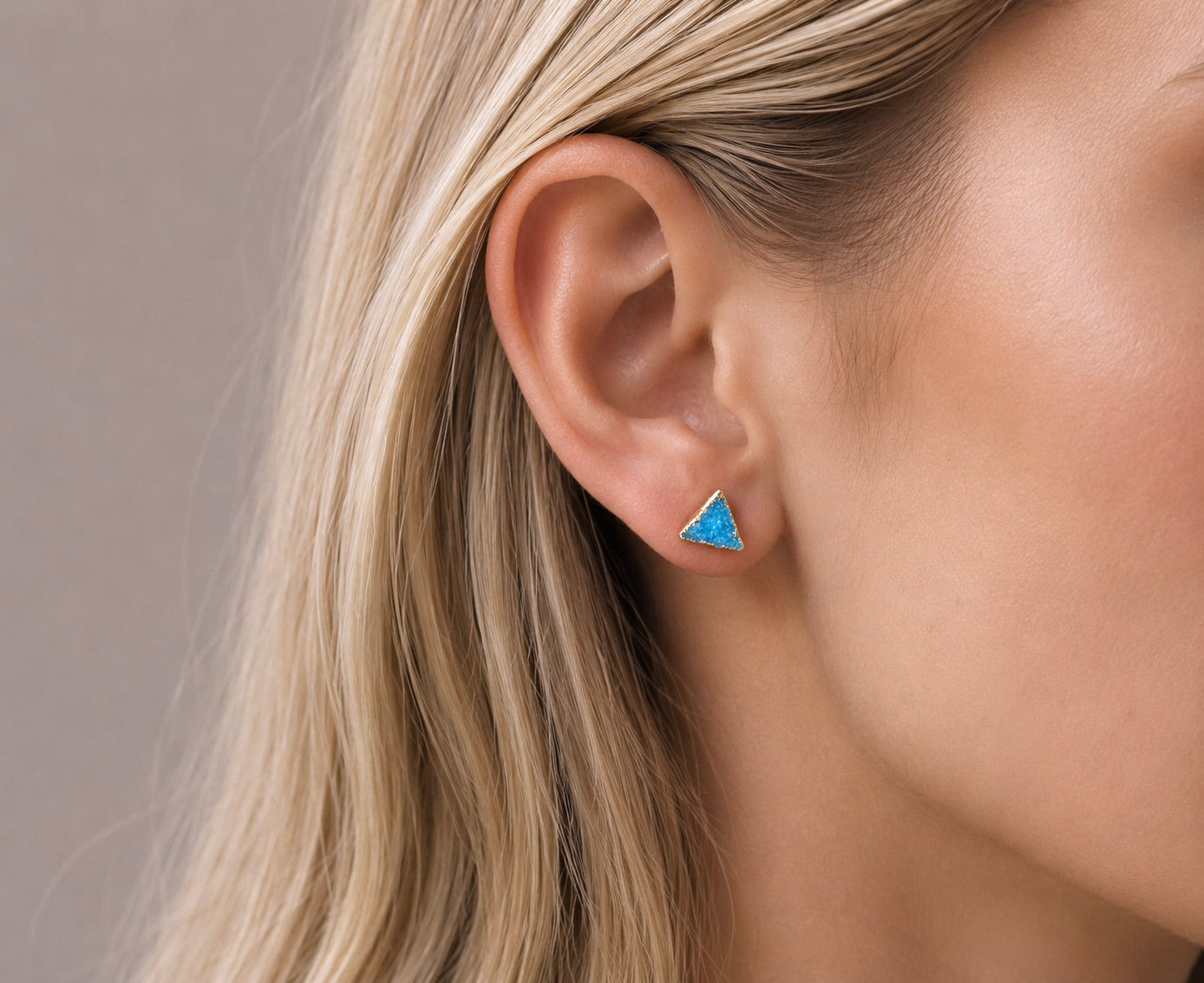 Druzy Stud Earrings, Teal Crystal Stud Earrings, Triangle Stud Earrings