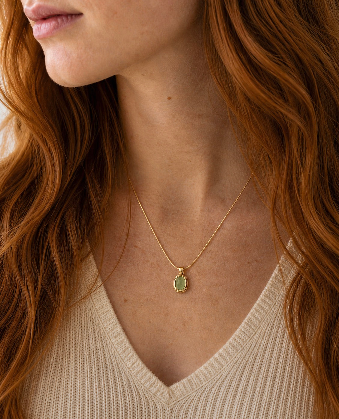 Green Aventurine Pendant Necklace , Waterproof 18K Gold Filled PVD Stainless Steel