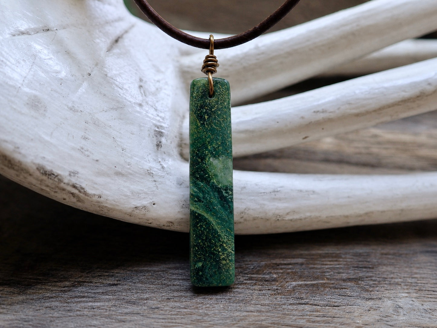 Men’s Leather Cord Necklace with Slim Rectangular Jade Pendant – Minimalist Natural Stone Jewelry – Handmade Green Jade Necklace