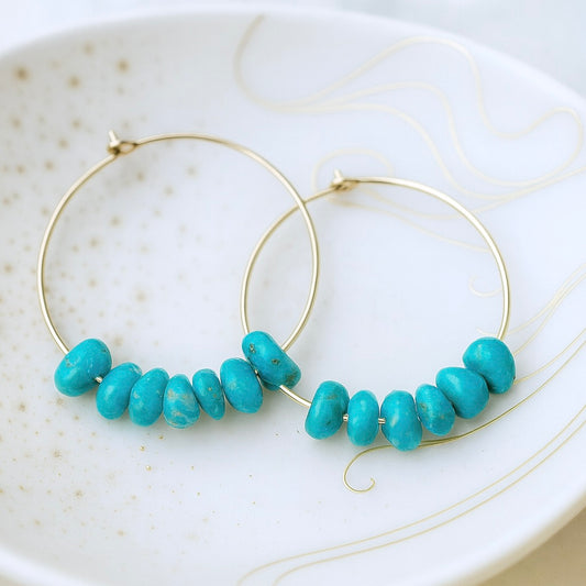Genuine Turquoise  Earrings, Turquoise Earrings ,Turquoise Hoop Earrings,Genuine Turquoise Earrings,Turquoise Beaded Hoops, Real Turquoise