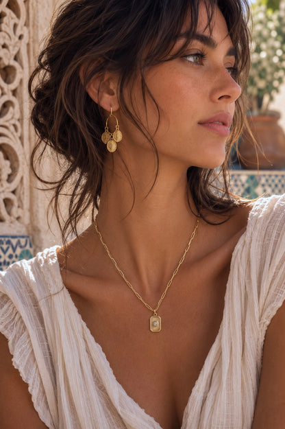 Gold Sunburst Medallion Necklace • Waterproof  Tarnish-Proof 18k Gold Necklace, Vintage Style CZ Pendant,Gold Fill Paperclip or Figaro Chain